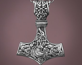 925 Sterling Silver Viking Wolf Fenrir Thor Hammer Thors Mjölnir Mjolnir Necklace Pendant