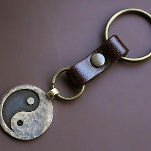 Hand Hammered Ancient Looking Yin Yang Leather Keychain For Men and Women