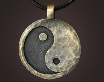 Hand Hammered Ancient Looking Yin Yang Necklace Pendant For Men and Women With Adjustable String