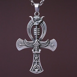 Sterling Silver Egyptian Ankh Cross Bird Falcon Pharaoh Necklace Pendant Chain Charm