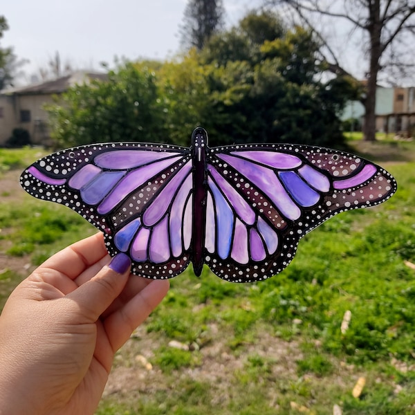 Capteur de soleil papillon violet pour fenêtre, décoration murale de jardin, oeuvre d'art peinte à la main