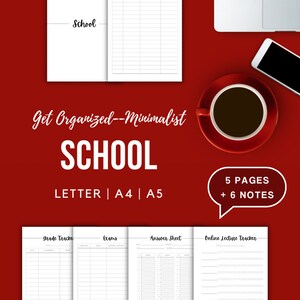 May include: A printable school planner with five pages and six notes. The planner includes sections for assignments, exams, grade tracking, answer sheets, and online lecture tracking. The planner is designed in a minimalist style with black text on a white background.
