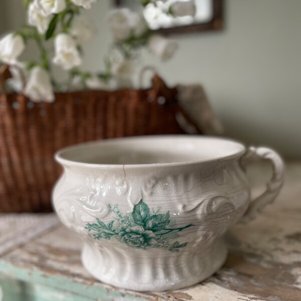 Ironstone Bowl Chamber Pot Green Transferware Floral Ornate 9 1/2” Diameter