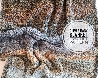 May include: A crocheted baby blanket in shades of blue, brown, and gray. The blanket is folded and has a textured pattern. The text "Oliver Baby Blanket Crochet Pattern" is visible in a circle.