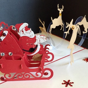 Wesołych Świąt Bożego Narodzenia/Wesołych Świąt/Wesołych Świąt/3D Pop-Up Christmas Santa on Sleigh & Reindeer Handmade Card