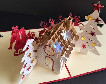 Biglietto di Natale pop-up 3D, biglietto di auguri fatto a mano con slitta di Babbo Natale