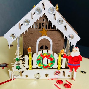 Vrolijk kerstfeest/seizoensgroeten/peperkoekhuis/Happy Holidays/3D pop-up kerstboom/Santa peperkoekhuis handgemaakte kaart