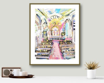 May include: A colorful abstract painting of a church interior with rows of pews and a pink aisle leading to the altar.