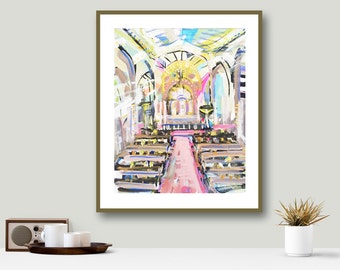 Abstract Church Print, pink, lime, aqua, marendevineart