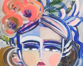 May include: Abstract painting of a woman's face with blue, pink, white, and green colors. The woman has large eyes and a pink mouth. She is surrounded by flowers and swirls.