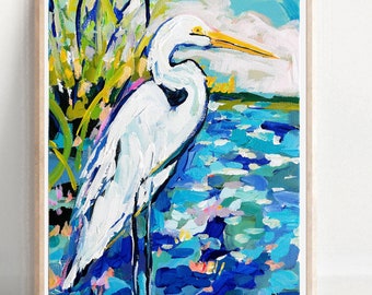 Bird PRINT on Paper or Canvas, "Egret in Blues"