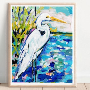 Bird PRINT on Paper or Canvas, &quot;Egret in Blues&quot;