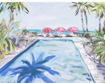 May include: A painting of a swimming pool with three red umbrellas and palm trees in the background.
