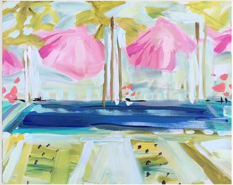 PRINT on Paper or Canvas, "Pink Umbrellas" Pool Art