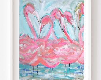 PRINT on Paper or Canvas, "Flamingos on Blue"