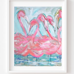 PRINT on Paper or Canvas, "Flamingos on Blue"