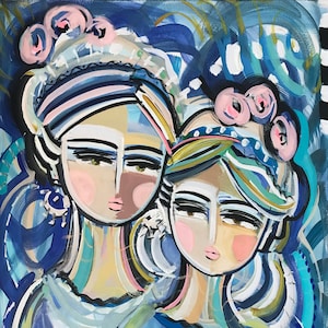 May include: A painting of two women with colorful, abstract designs in their hair and clothing. The women are painted in a stylized, whimsical style with bright colors and bold lines. The background is a swirling blue and green.