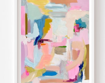 May include: Abstract painting with a mix of pink, blue, yellow, and brown colors. The painting has a textured, brushstroke effect.