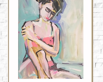 May include: A painting of a person sitting with their arms crossed, wearing a pink top and a light blue background.