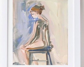 May include: A painting of a person sitting on a stool. The person is nude and has brown hair. The background is a light blue and pink color.