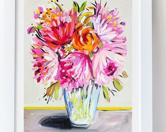 Flowers PRINT on Paper or Canvas, "Peonies and Rose"