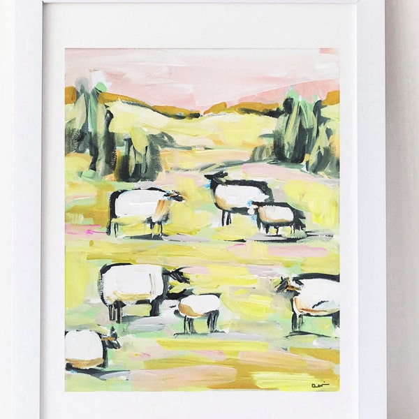 PRINT on Paper/Canvas, "Sheep with Pinks"