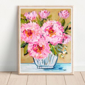 Peonies Impressionist print on paper, prints hot pink, Three Peonies image 5