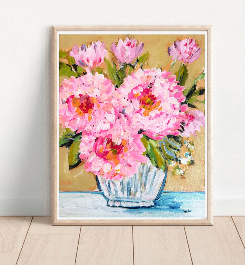 Peonies Impressionist print on paper, prints hot pink, Three Peonies image 5