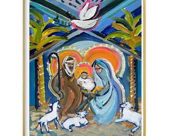 May include: A colorful painting depicting the nativity scene with Mary, Joseph, and baby Jesus. The painting features a bright blue sky with a white dove flying above, palm trees, and two white lambs. The painting is framed in gold.