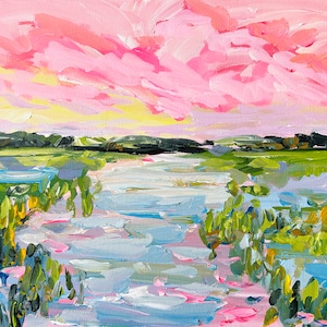May include: A painting depicting a landscape with a river in the foreground and a pink sky in the background. The river is painted in shades of blue, green, and white, and the sky is painted in shades of pink and yellow. The painting has a soft, dreamy feel.