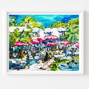 May include: A watercolor painting of a bustling outdoor cafe scene. Pink umbrellas shade tables filled with people, while a fountain gushes water in the foreground. Lush green foliage and a bright blue sky complete the scene.