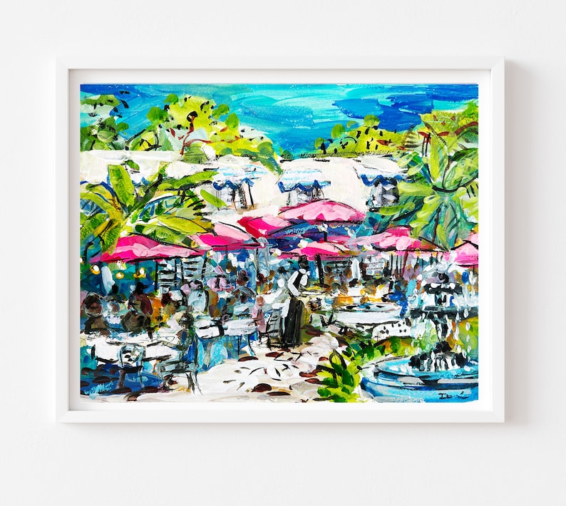 May include: A watercolor painting of a bustling outdoor cafe scene. Pink umbrellas shade tables filled with people, while a fountain gushes water in the foreground. Lush green foliage and a bright blue sky complete the scene.