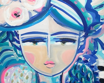 May include: A colorful painting of a woman's face with a floral crown, blue and white striped hair, and a background of blue and green abstract shapes.