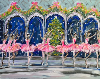 May include: A painting of a group of ballerinas in pink tutus dancing in front of a Christmas tree. The ballerinas are in a line, with their arms raised above their heads. The Christmas tree is decorated with lights and ornaments. The background is a blue and white winter scene.