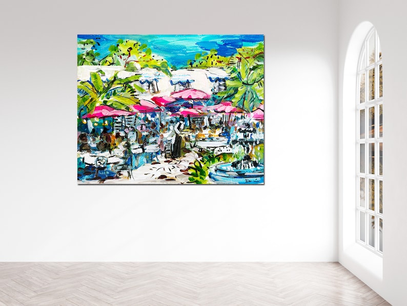 May include: A colorful painting of an outdoor cafe scene with pink umbrellas, tables, and chairs. The cafe is surrounded by lush greenery and a fountain. The painting is done in a loose, expressive style.