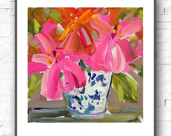 Hibiscus Impresión abstracta sobre papel, impresión sobre lienzo, rosa intenso