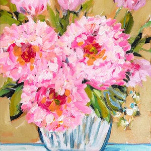 Peonies Impressionist print on paper, prints hot pink, Three Peonies image 1