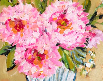 Peonies Impressionist  print on paper, prints hot pink, "Three Peonies"