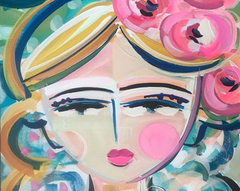 May include: A colorful painting of a woman's face with pink flowers in her hair. The background is a mix of blue, green, and white.