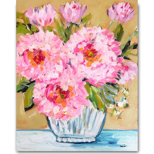 Peonies Impressionist print on paper, prints hot pink, Three Peonies image 2