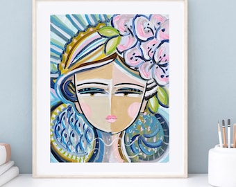 May include: A colorful abstract painting of a woman's face with a floral crown. The background is a blue and green abstract design.