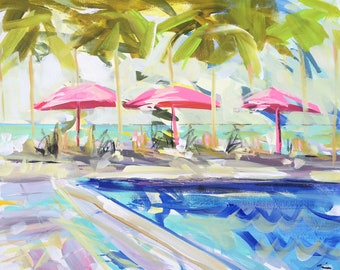 May include: A painting of a tropical scene with three pink umbrellas, palm trees, and a blue swimming pool. The painting is done in a loose, impressionistic style.