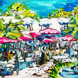May include: A painting of an outdoor cafe scene with pink umbrellas, tables, and chairs. The cafe is surrounded by lush greenery and a fountain. The painting is done in a loose, expressive style.
