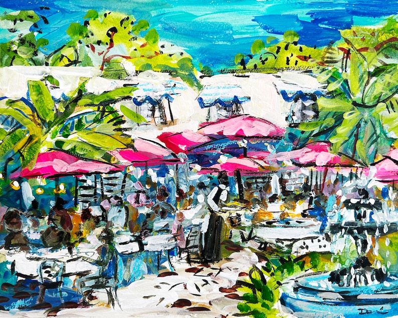 May include: A painting of an outdoor cafe scene with pink umbrellas, tables, and chairs. The cafe is surrounded by lush greenery and a fountain. The painting is done in a loose, expressive style.