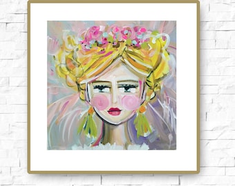 Warrior Girl PRINT portrait impressionist orig. square abstract girl painting large Sandy