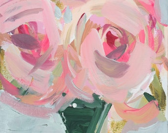 Modern Art PRINT, Roses, abstract, Floral, pink, gold, green, marendevineart
