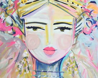 May include: A colorful painting of a woman's face with a crown of flowers and a necklace. The woman has pink cheeks, brown eyes, and pink lips. The background is a mix of pink, blue, and green.