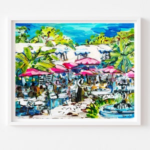 May include: A colorful painting of an outdoor cafe scene with pink umbrellas, green palm trees, and a fountain. People are sitting at tables and enjoying the sunny day.
