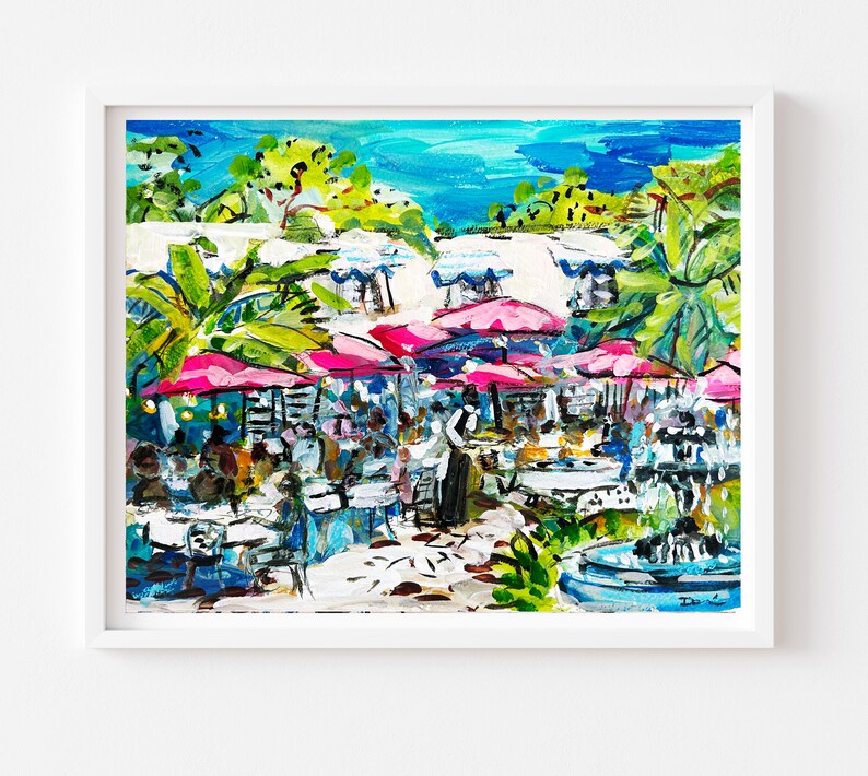 May include: A colorful painting of an outdoor cafe scene with pink umbrellas, green palm trees, and a fountain. People are sitting at tables and enjoying the sunny day.