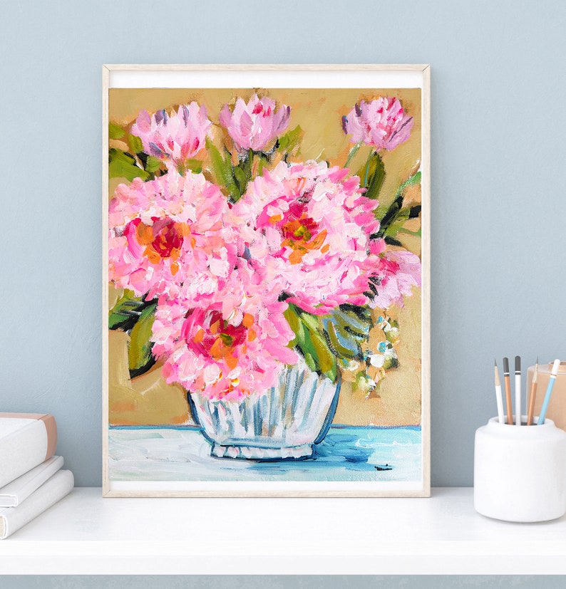 Peonies Impressionist print on paper, prints hot pink, Three Peonies image 7